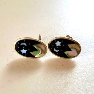 Abalone and Mexico Silver Vintage Clip Earrings - Night Scene